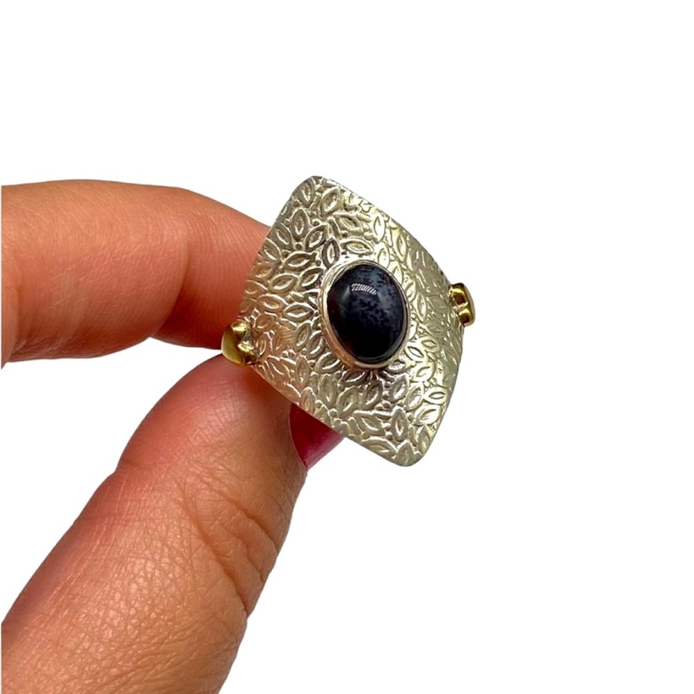 NWT Sterling Dendrite Opal Ring Hammered Pattern & Gold Hearts - Picture 5 of 11